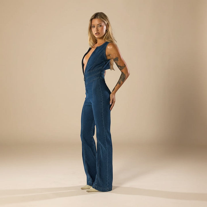 Women's Plunge Neck Flared Jumpsuit - Halter Style