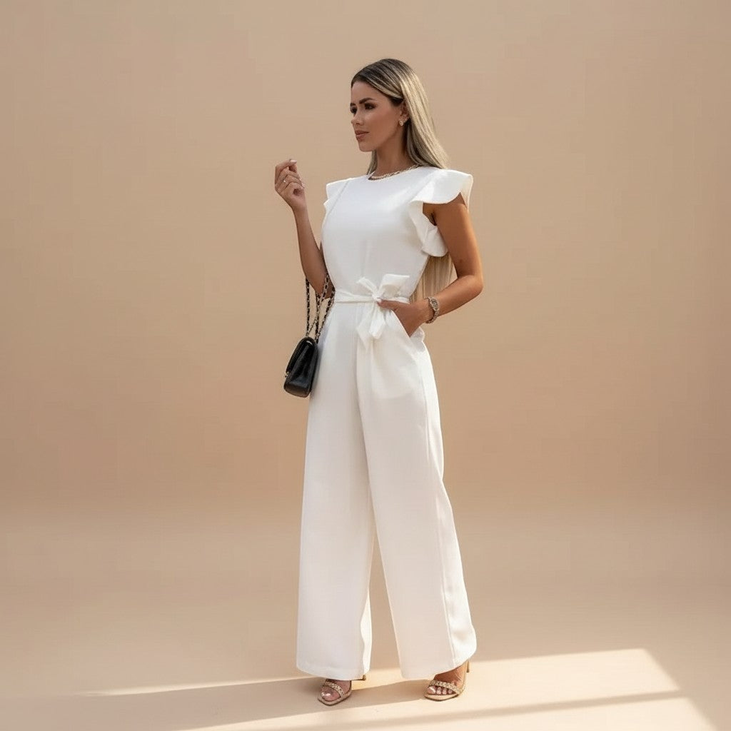 Women's Flutter Sleeve Wide Leg Jumpsuit with Waist Tie - Elegant