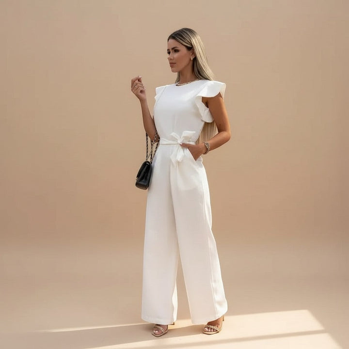 Women's Flutter Sleeve Wide Leg Jumpsuit with Waist Tie - Elegant